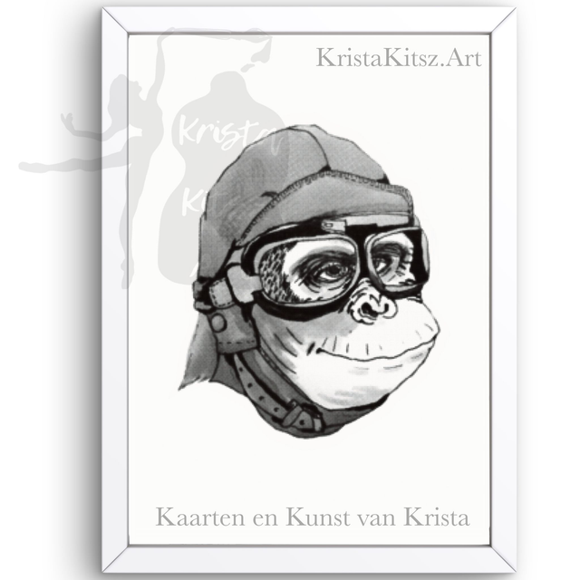 Leuke print Aapje Piloot , inkt pen tekening apenkunst van Krista Kitsz