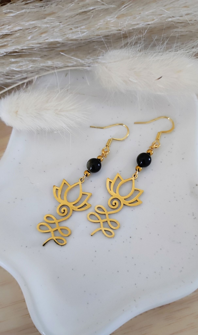 Boucles d'oreilles Fleur de lotus et Obsidienne dorée