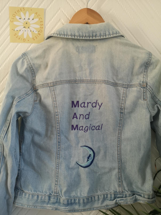 Preloved upcycled range Yorkshire Embroidered Mardy And Magical denim jacket size 8