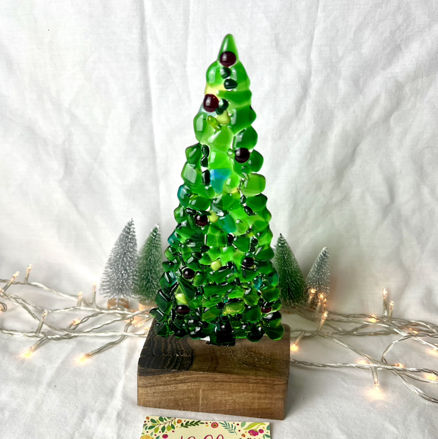 Fused Glass Christmas Tree on Wooden Base