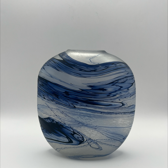 Julia Donnelly Frosted Clear Glass Vase with Navy Swirl – Signed & Dated 1988, 15cm