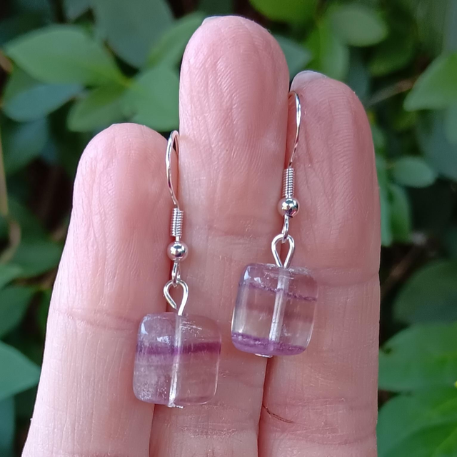 Fluorite Crystal Square Bead Sterling Silver Earrings