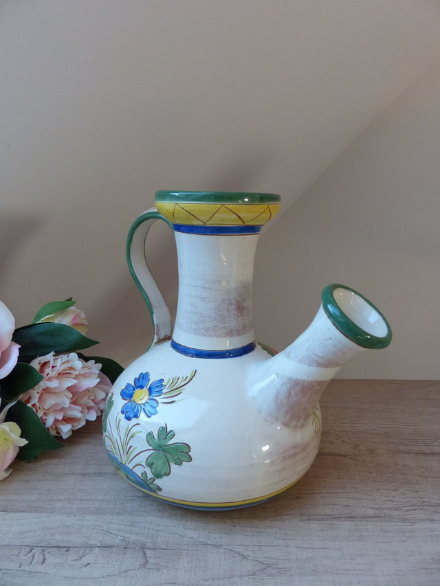 Rare Grand Pichet Carafe Chevrette en terre cuite émaillée de Fleurs Artisanat Italien Numéroté Vintage, Pichet Antique Peint Main Floral