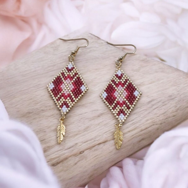 Boucles d'oreilles losange rouge, rose et or