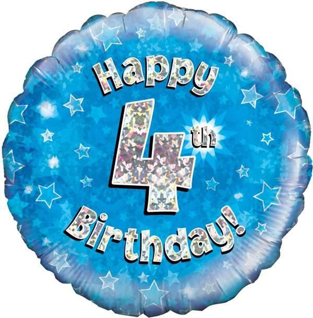 18" HAPPY 4TH BIRTHDAY BLUE HOLOGRAPHIC FOIL