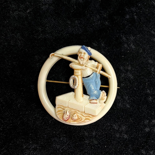 1930s/ 40s Celluloid “Fisherman” C-Clasp Brooch — Hand-Painted Novelty Piece