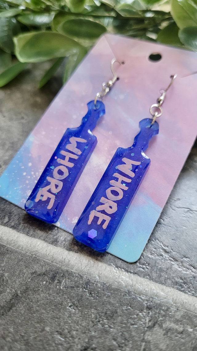 Earrings | WHORE Blue Glitter Paddle Earrings | Stainless Steel Hooks