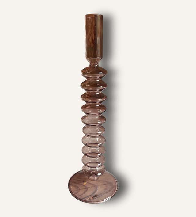 Pink Ribbed Candlestick Holder Glass 