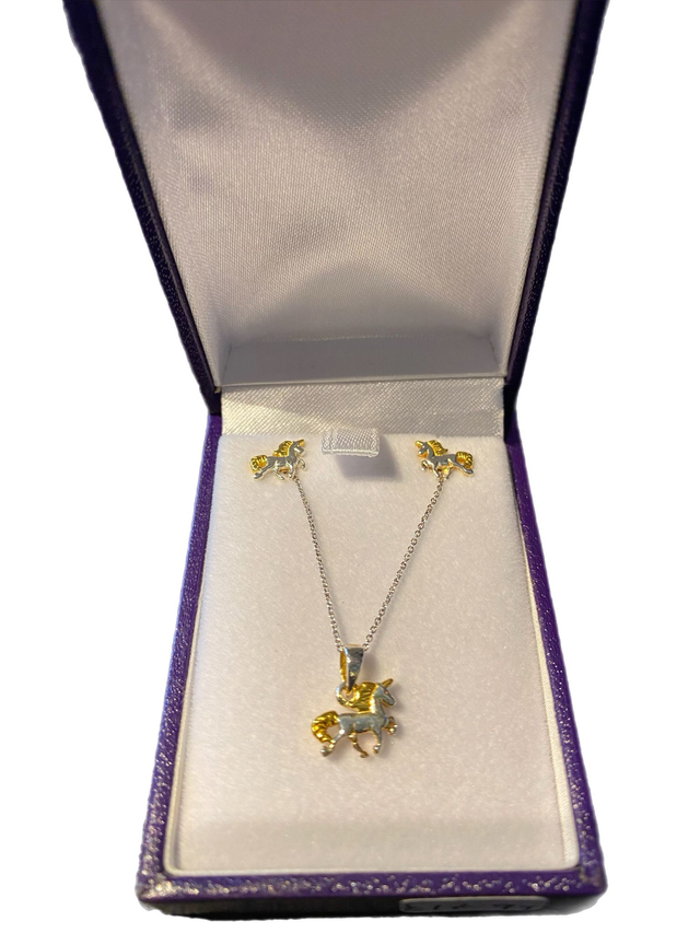Sterling Silver Childs 2 Tone Unicorn Necklace and Earring Set