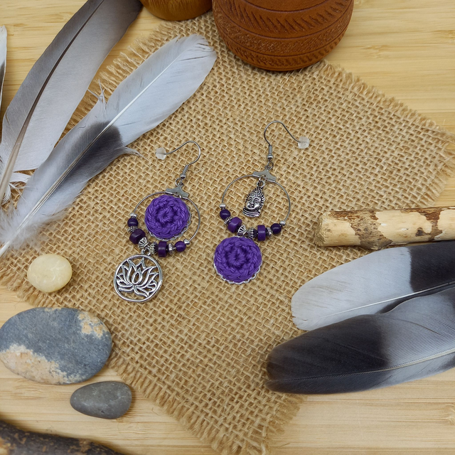 Boucles d'oreille violet et argenté - Collection Ethnique