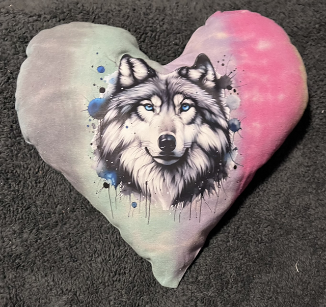 Hand tie dye cushion with wolf portrait 