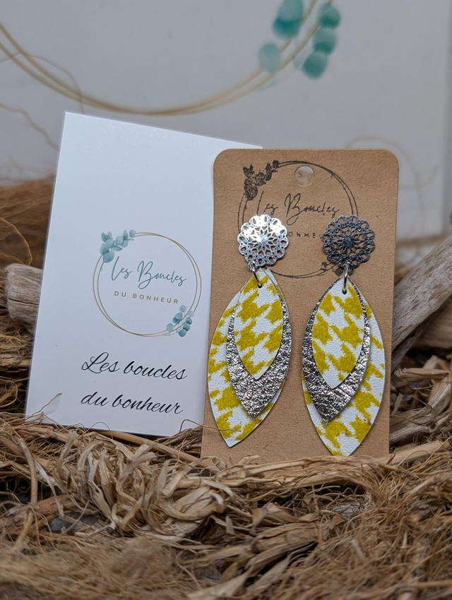 Boucles d'oreilles Feuille jaune argenté f008