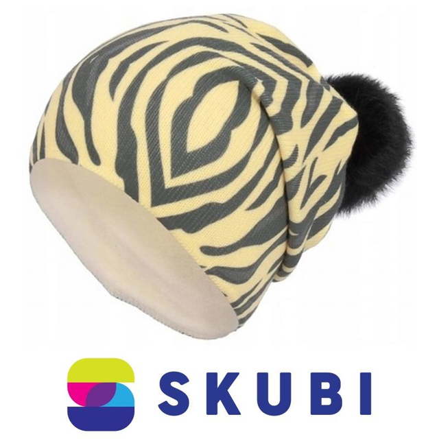  Polar Fashion W-259B - Teplá zimní čepice s bambulí - žlutá zebra