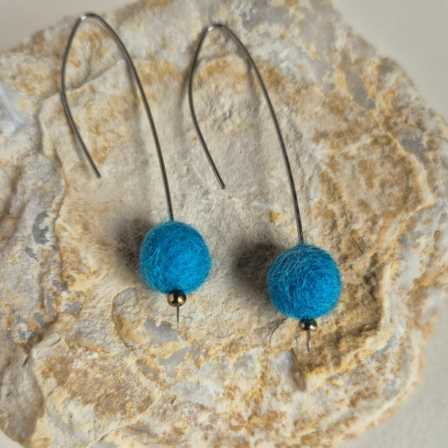 Felt wool ball earrings, Dark turquise