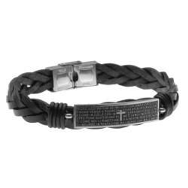 Bracciale uomo in pelle nera con souvenir religioso 