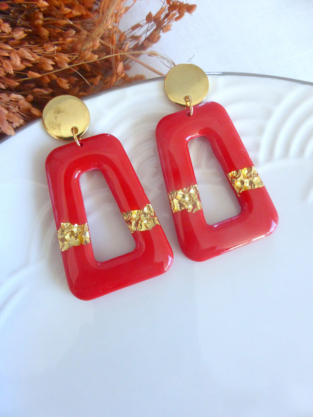 Boucles d'oreilles trapèzes rouges - Nuit dorée