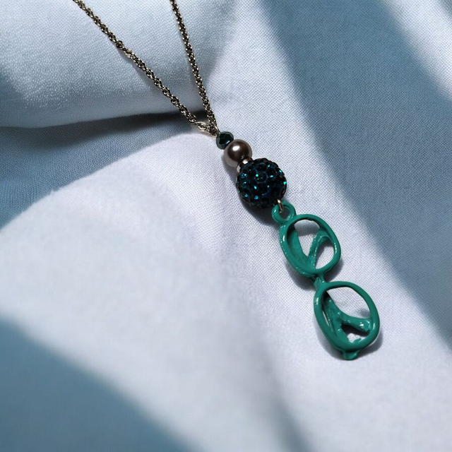 Collier acier inoxydable et cristal vert canard lunettes