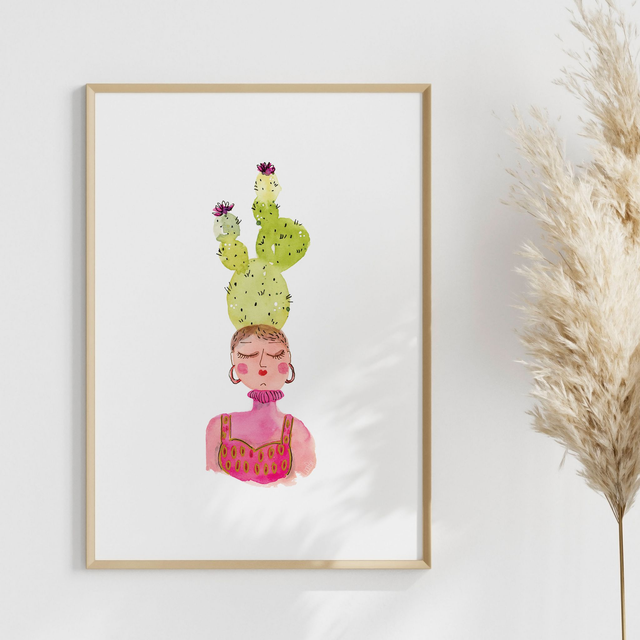 Affiche A4 A5 Femme cactus à l' aquarelle et encre 