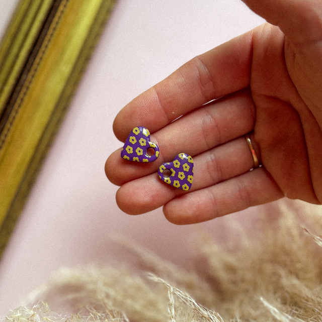 P'tits cœurs - violet &amp; fleurs jaunes 