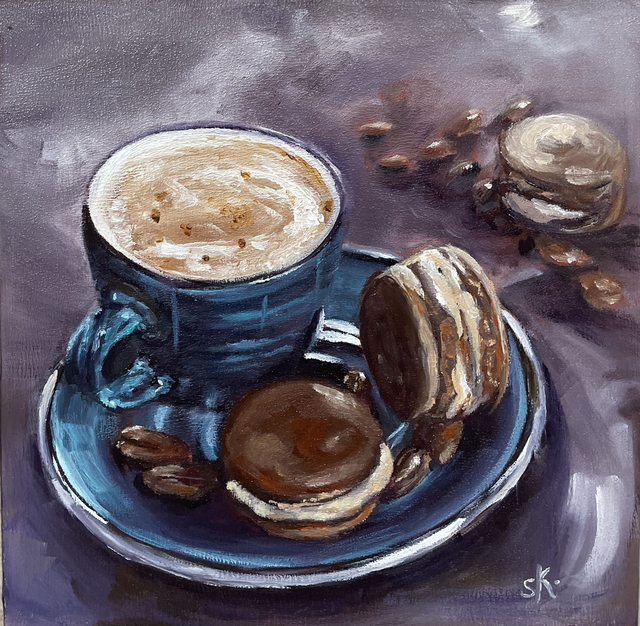Kaffee mit Macarons - Feine Ölmalerei für dein Zuhause