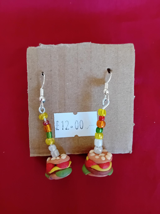 007 - Beefburger dropper earings - ClaybyBeckie 