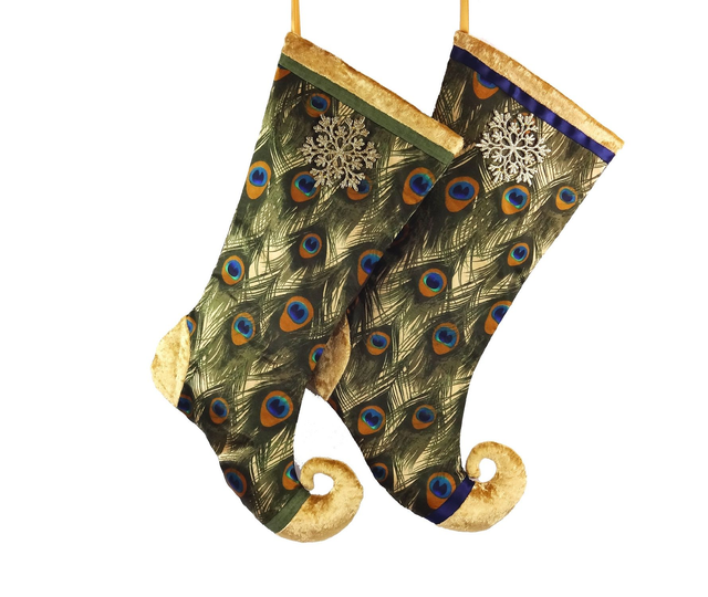 Sumptuous Satin Peacock Feather and Snowflake curly toe Christmas Stocking