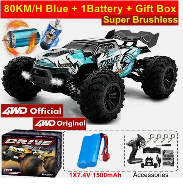 Voiture RC Brushless Haute Vitesse 80Km/h, Télécommandée LED, Tout-Terrain 4x4