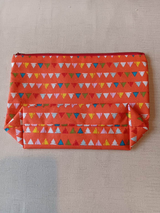 Box/Wash/Cosmetic Bag Orange Bunting with a glitter shimmer Cotton Fabric with Red Waterproof Lining