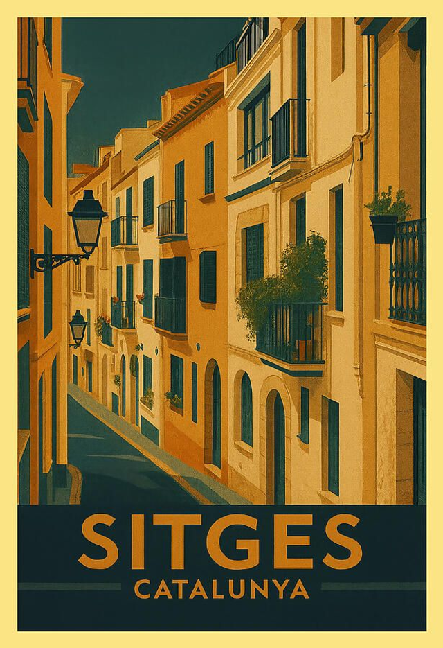 Póster vintage de Sitges. Vista de la calle al mar. Casco antiguo. Arte de viaje. Calle encantadora en Sitges, España.