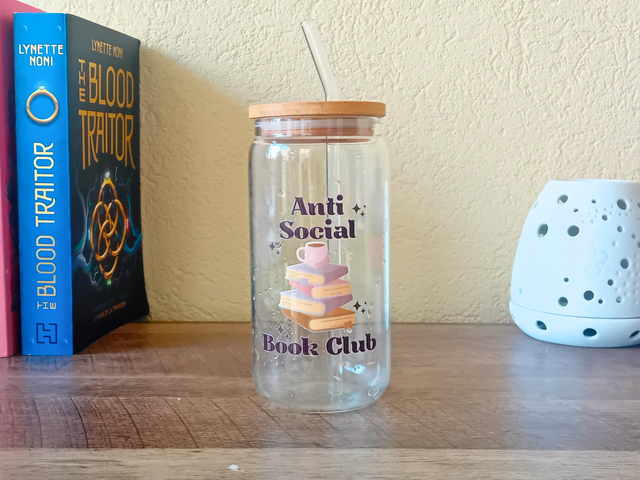 Gobelet en Verre 550ml - Antisocial book club - Paille en Verre et Couvercle en Bambou