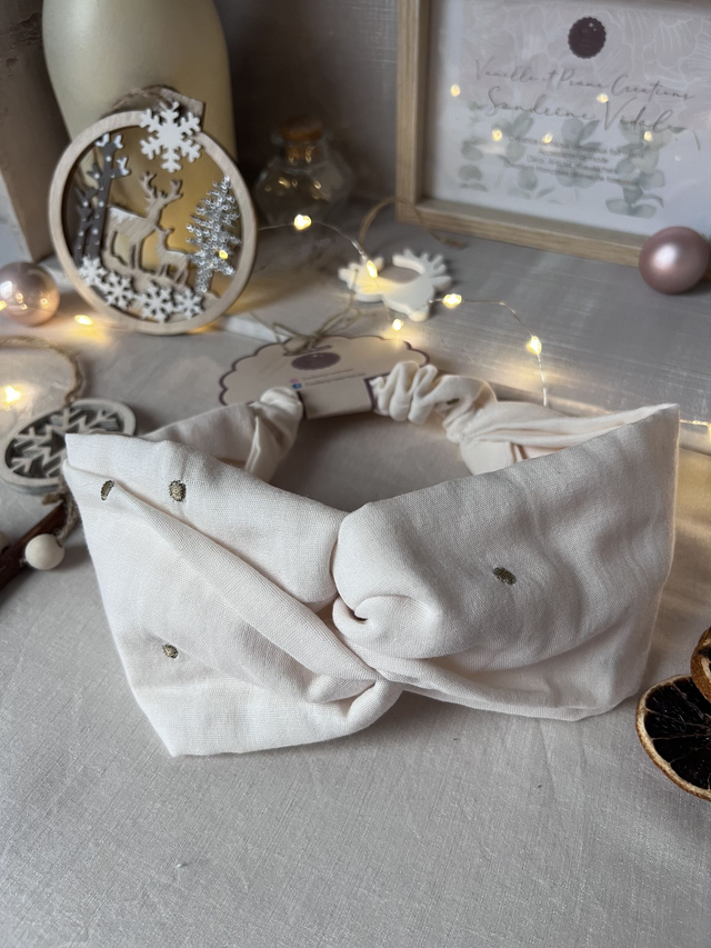 Bandeau croisé Bisous crème en double gaze à pois doré