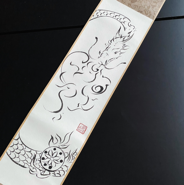 Original hand made traditional Chinese ink painting dragon on a scroll 