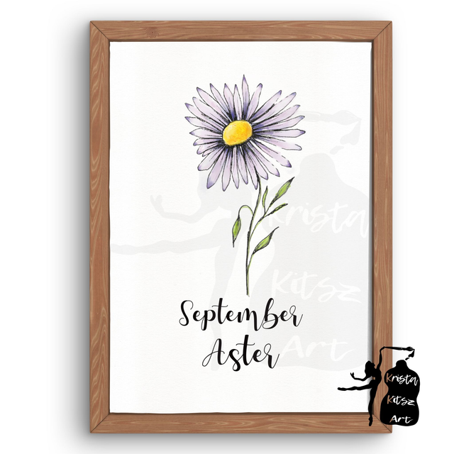 Geboortebloem September Aster in kleur,  luxe kunstprint op fine art papier van originele tekening, met of zonder tekst  