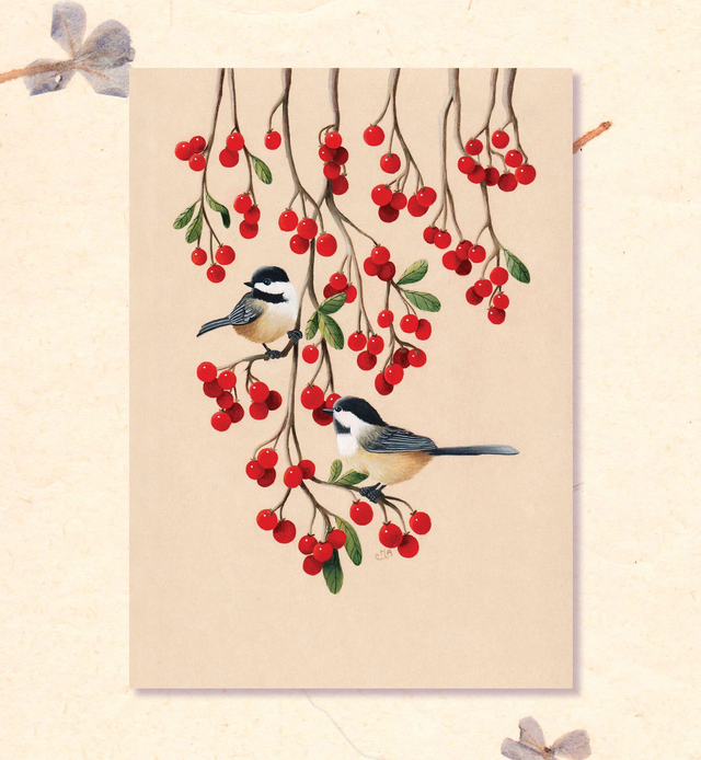 Tirages d'art A5 &amp; A4 - Mésanges Noires &amp; Winterberries 🐦