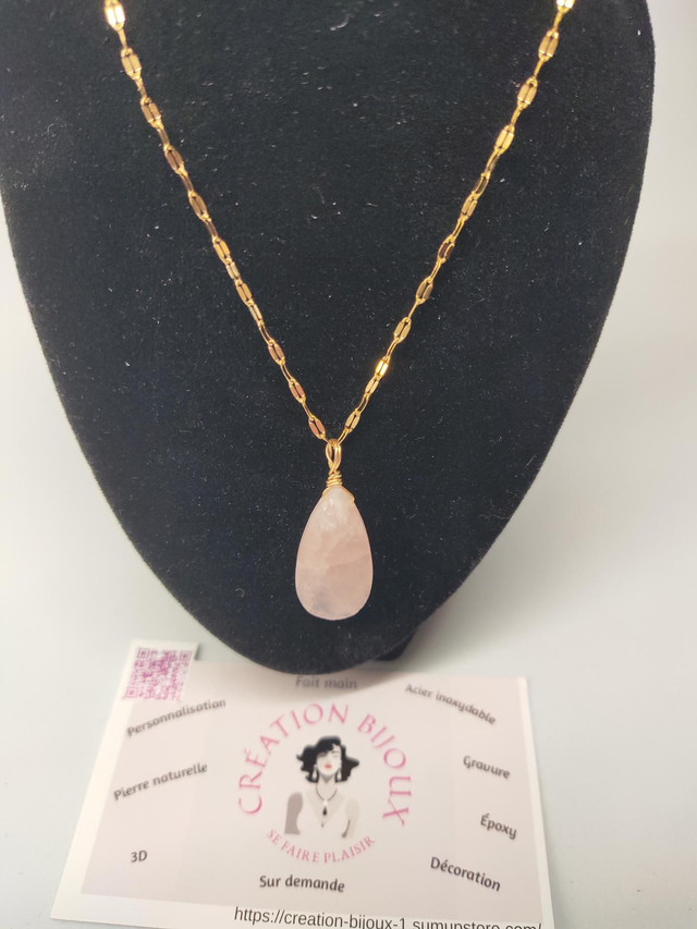 Collier gouttes d'eau en quartz rose 
