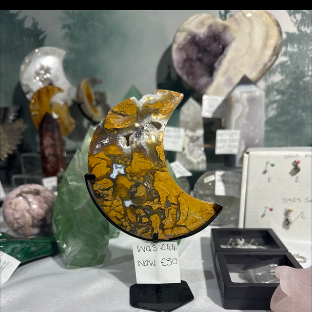 Golden agate moon on custom stand from Indonesia 