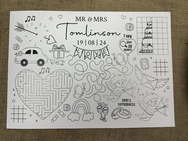 Children’s A4 wedding activity placemats - personalised with the happy couple’s name &amp; wedding date