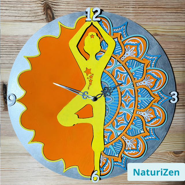 🕉️ Horloge Murale Mandala Yoga en Bois – Harmonie du Temps et de l’Âme 🪵