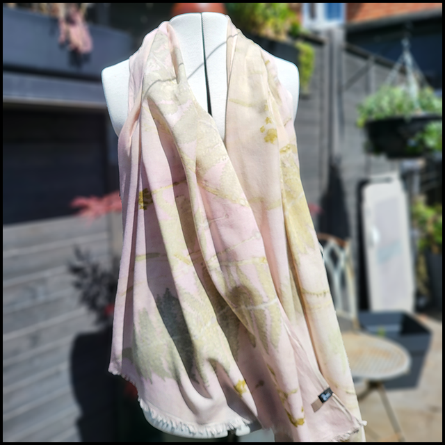 Organic Cotton Pashmina - Eco-printed with Fern and wild grasses - wrapped in a conchineal blanket