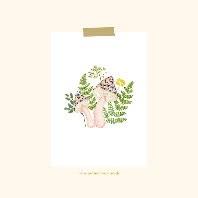 Carte postale aquarelle - Champignons fleuris
