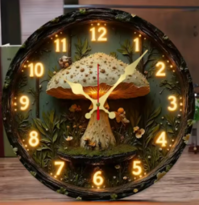 Ronde wandklok van hout Bospaddestoel (25cm)