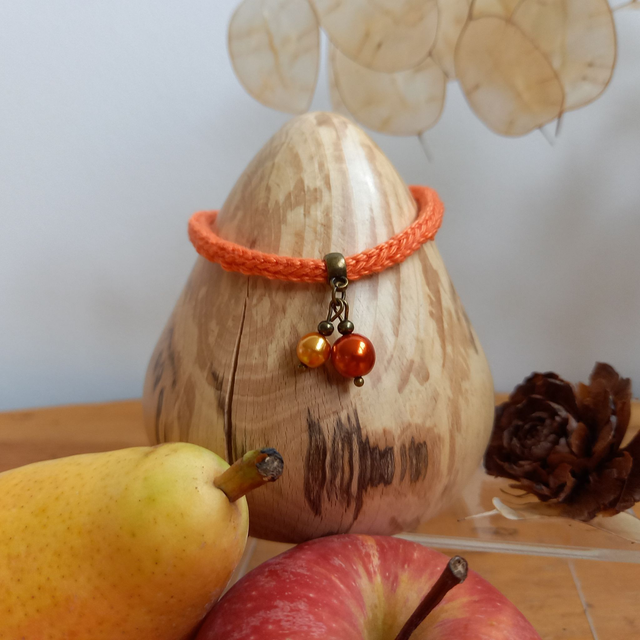Parure orange et bronze - Bracelet tricoté orange clair