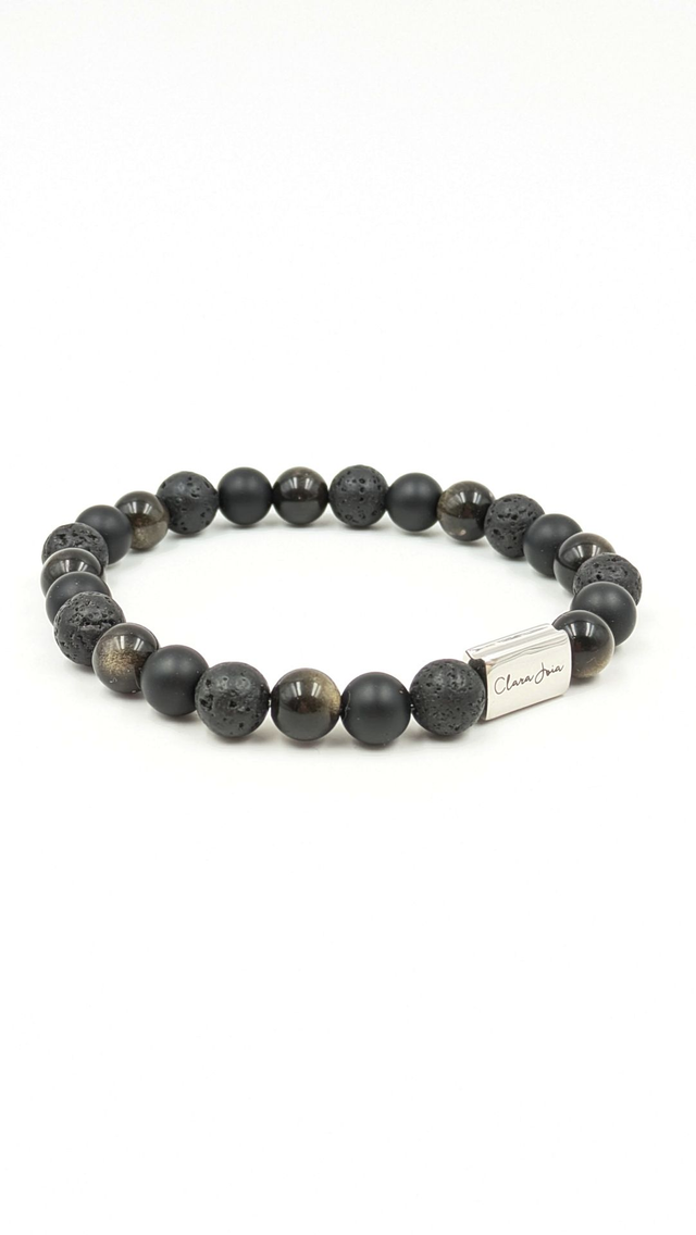 Bracelet Homme Clara Joia Obsidienne Dorée Onyx Pierre de Lave