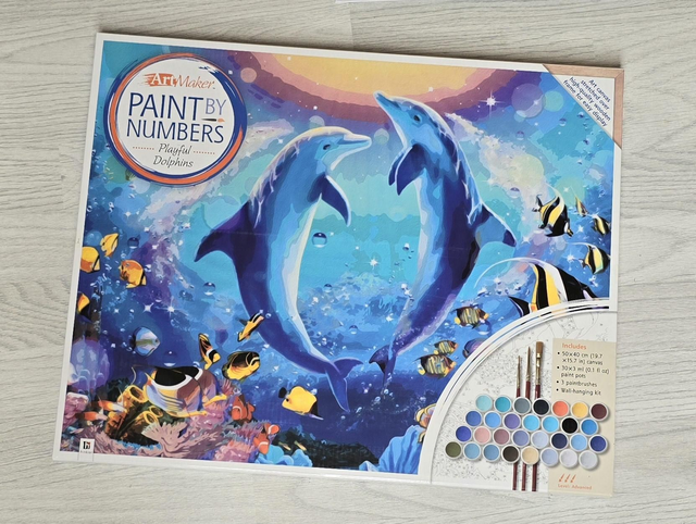 Paint by Numbers Playful Dolphins canvas on wooden frame