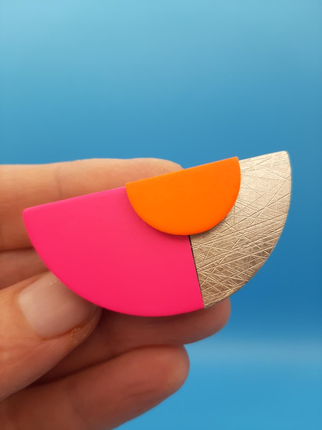 Leather brooch - pink / orange / gold