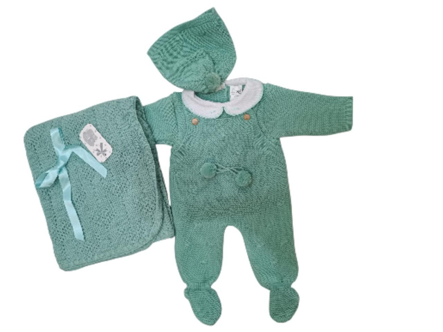 Ensemble 3 pièces et couverture tricot vert menthe