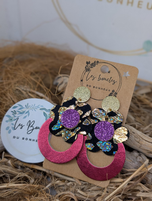 Boucles d&#039;oreilles fleur rétro léopard rose doré mo712