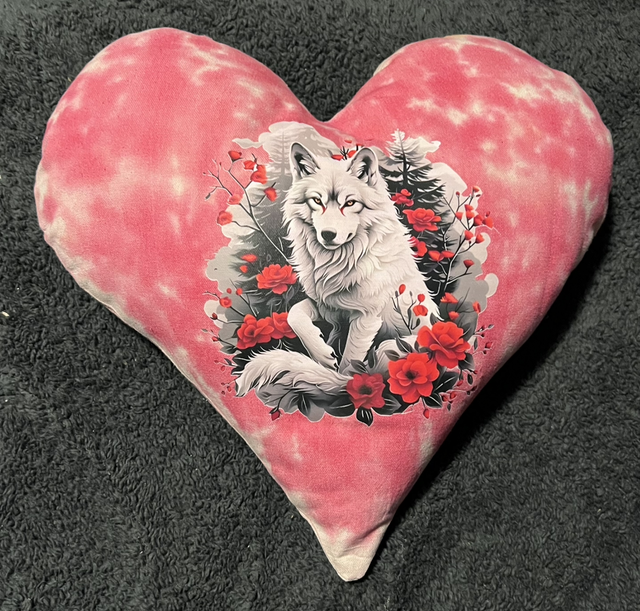 Hand tie dye cushion with roses and white wolf