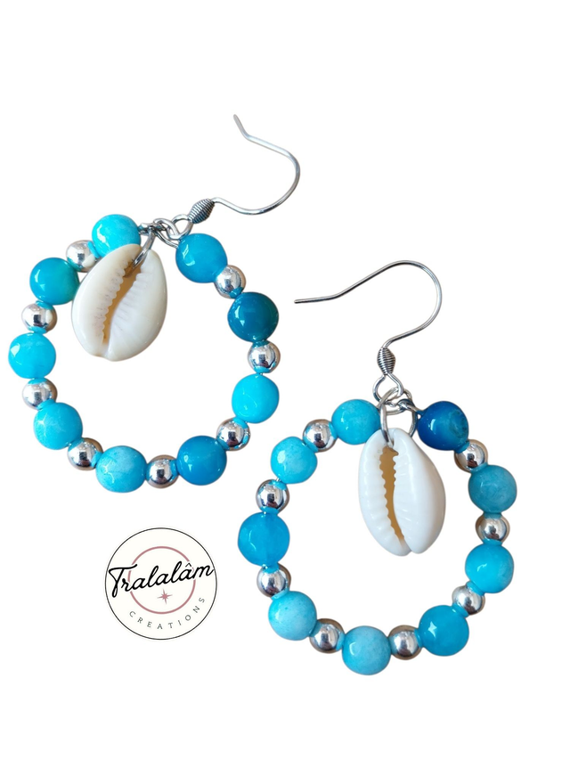 ✨Boucles d'oreilles créoles bleu lagon et coquillages✨EVASION(185BO)