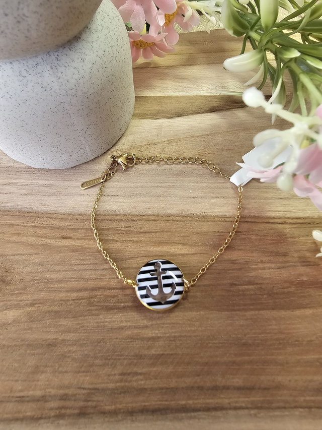 Bracelet 16mm Or -&quot;Un Cœur à la Mer&quot; — L&#039;élégance au rythme des vagues-ancre noir